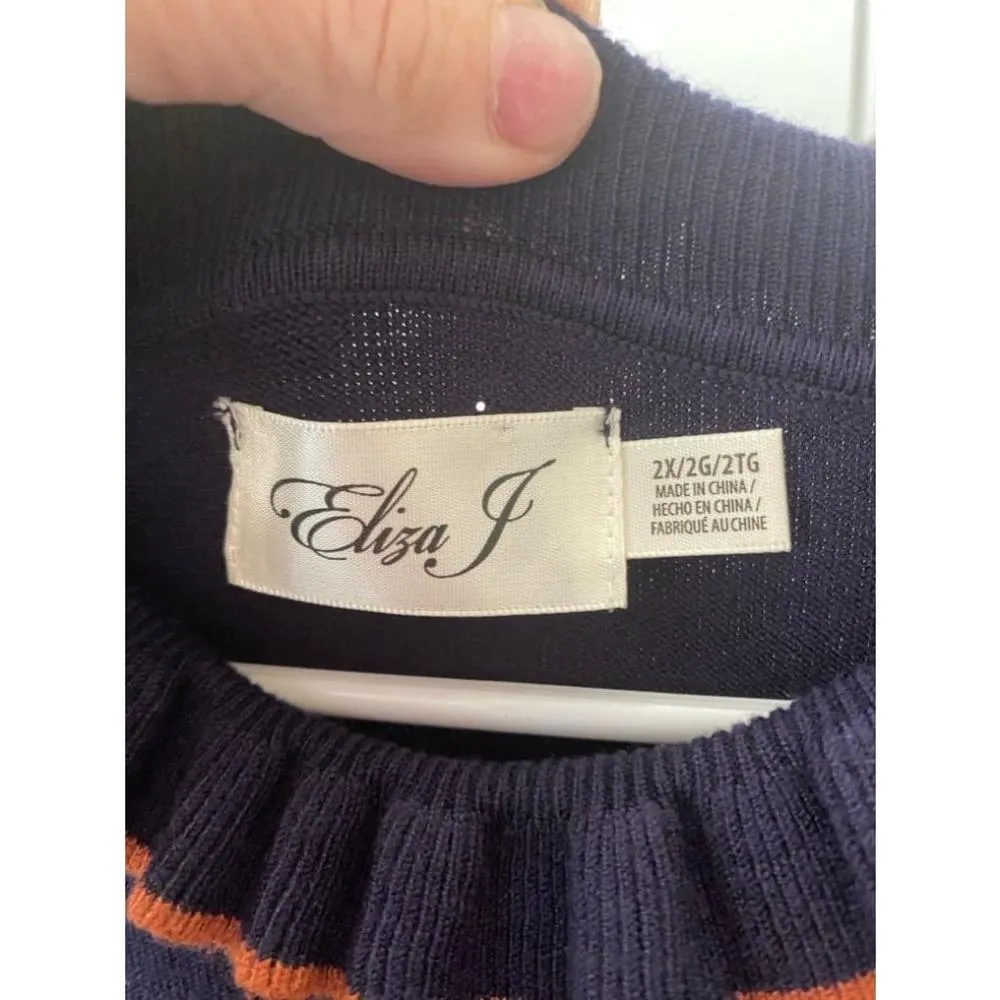 Women's Eliza J Striped Ruffle Neck Sweater Dres 2X Blue Orange - Image 2