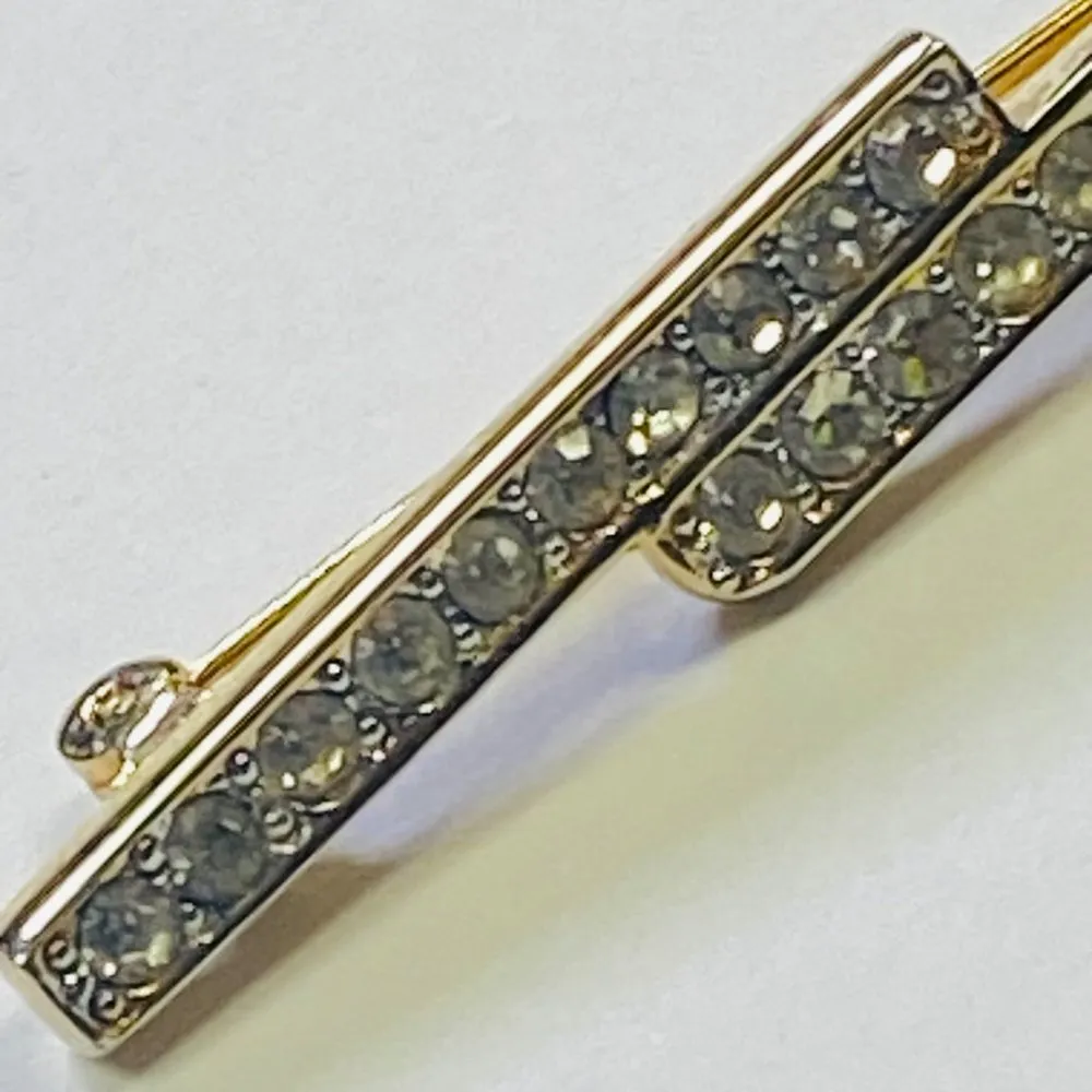 Monet Gold Tone Double Bar Clear Rhinestone Pin Brooch or Tie Bar Use Vintage - Image 8