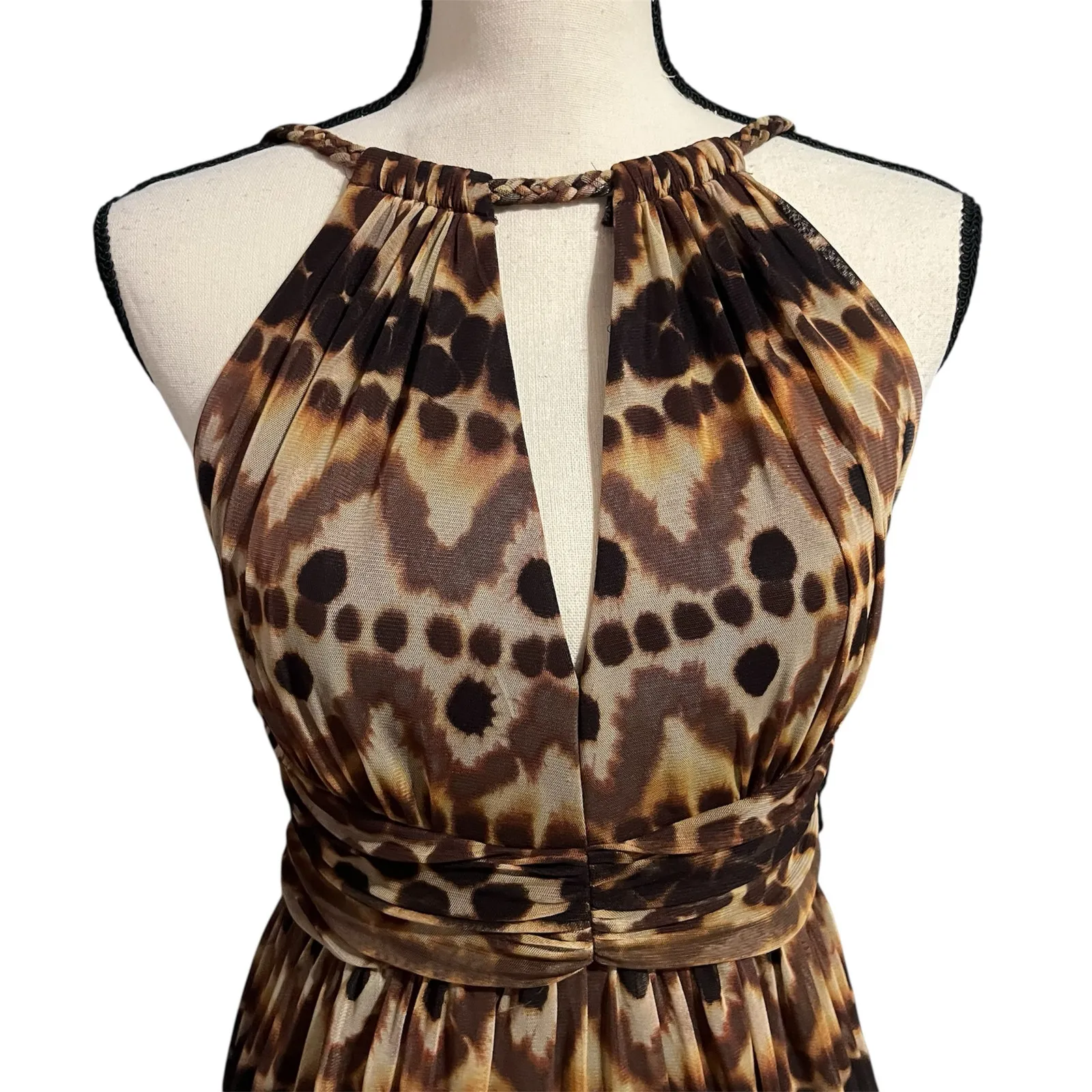 London Times Women's Brown Leopard Print Halter Dress Sz 8 Maxi Ruched Event - Image 2