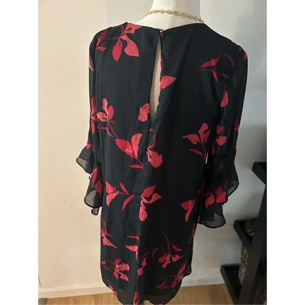 Calvin Klein flower dress black and red with ruffle around sleeves size 8 - Image 3