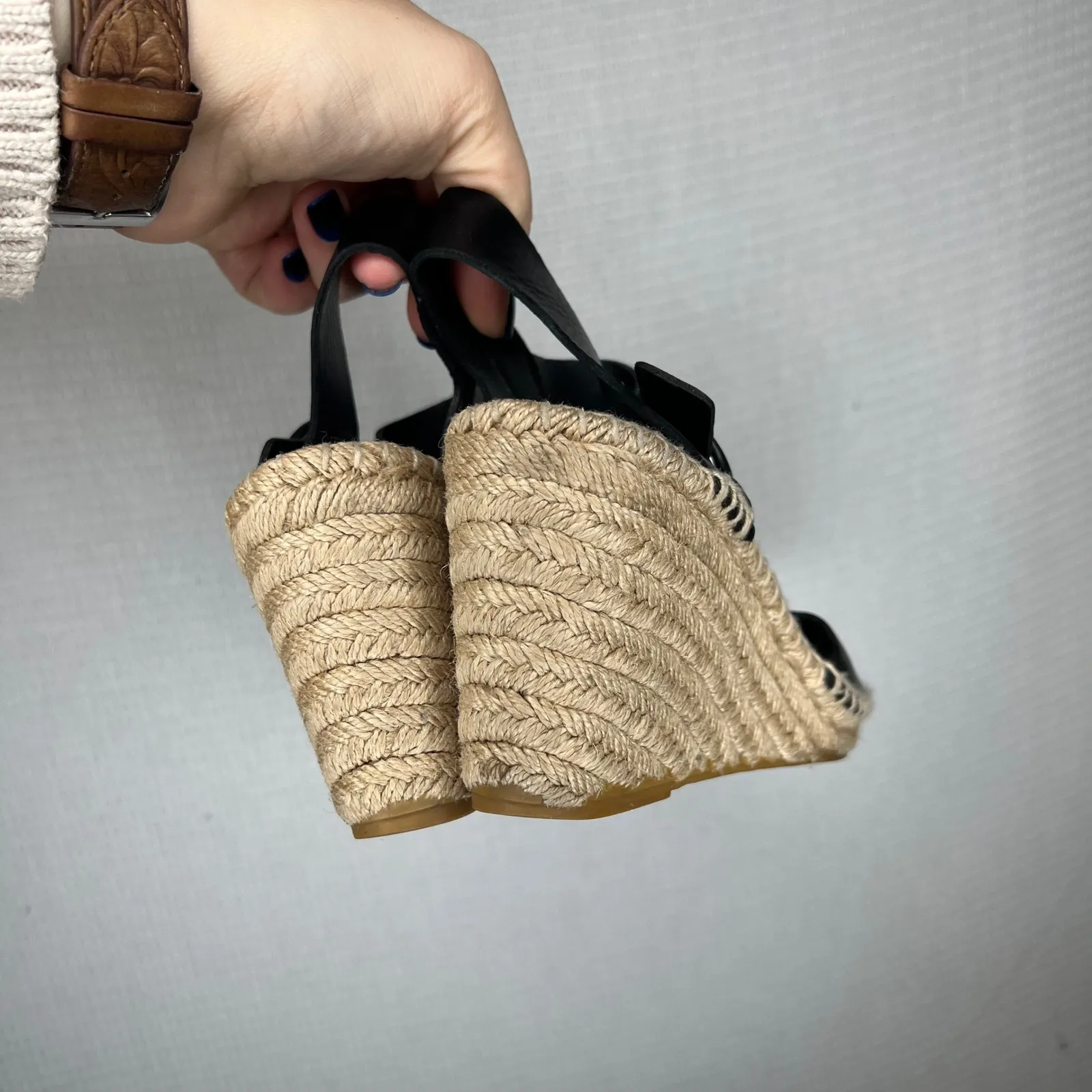 Via Spiga Black Leather Espadrille Wedge Sandals Women's Size 8M Made in Spain - Image 4