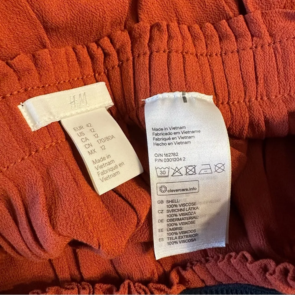 H&M Paperbag Waist Rust A-Line Uneven Hem Midi Skirt size 12 Grosgrain Trim - Image 9