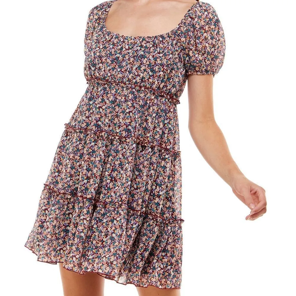 ✨ TRIXXI Womens Maroon Stretch Fitted Puff Sleeve Mini Tiered Dress ✨ Pink Size M - Image 2