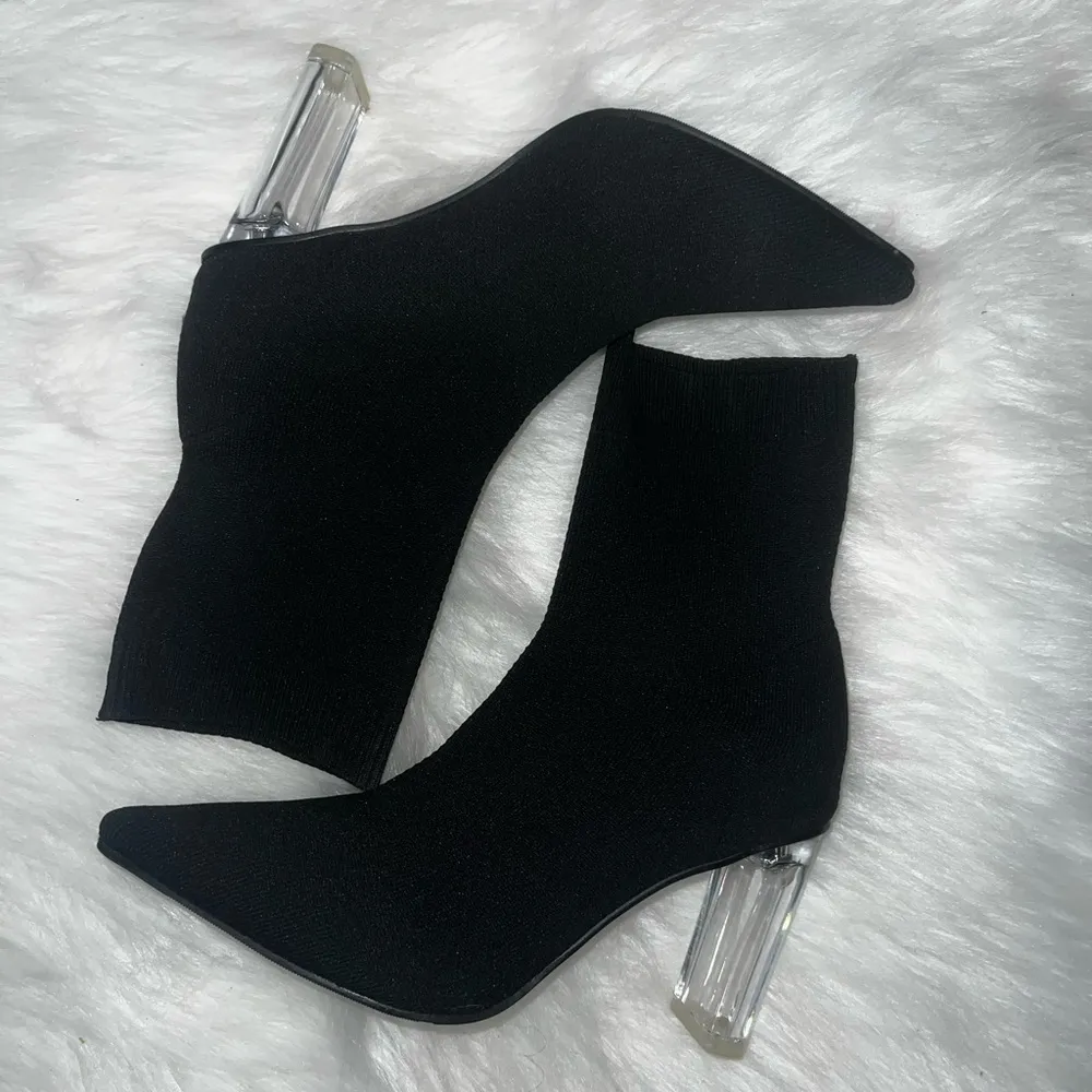 Women's Pointy Toe High Block Heel Elastic Knit Ankle Boots - Image 4