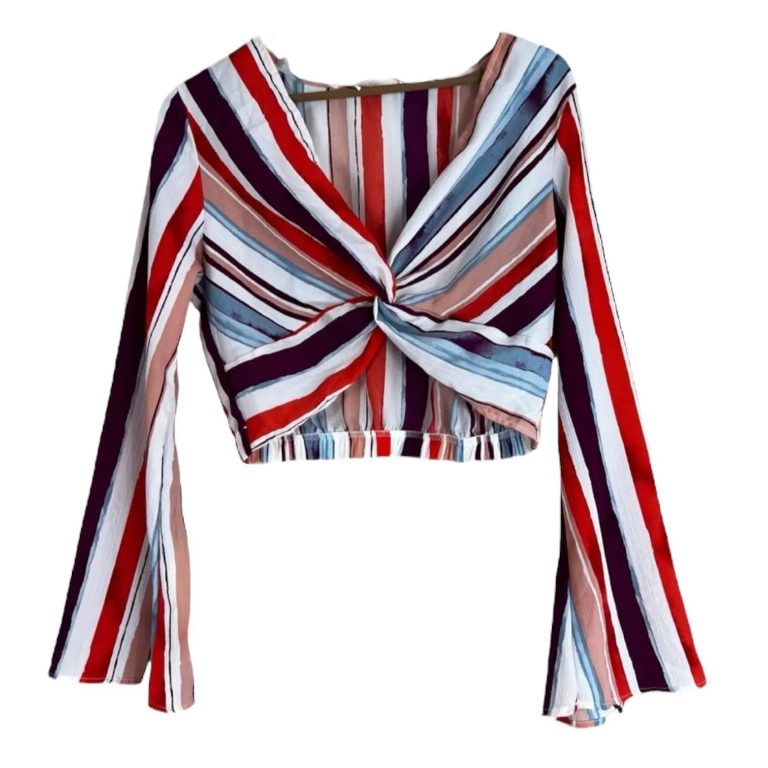 Peach Love California Crop Top Womens M Multicolor Striped Bell Sleeve Knot Boho - Image 1