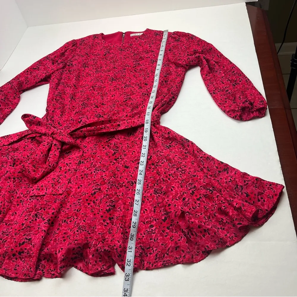 Alice + Olivia Mina Puff-Sleeve Godet Dress w/ Belt Womens 8 Pink Red As Seen On - Image 12