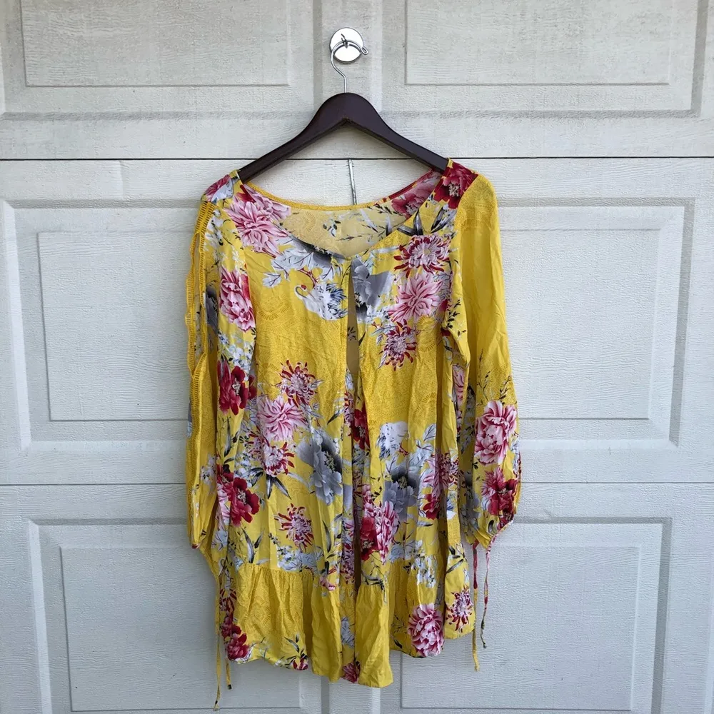 Jaase Women’s Shirt Tunic Yellow Floral Swan Ladder Lace Boho Medium - Image 3