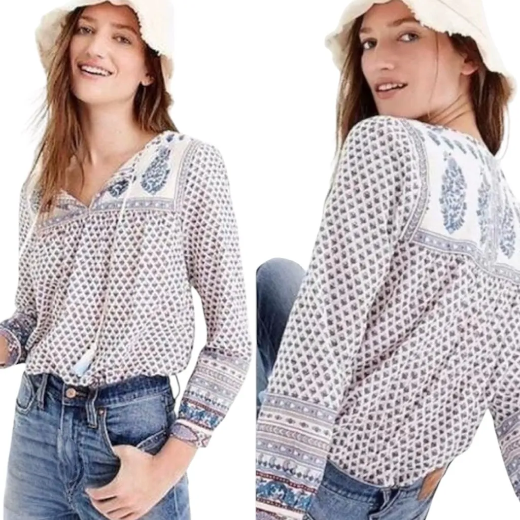 J. Crew White Blue Burgundy Block Floral Print Cotton Tie Front Tunic Top Sz 00 - Image 2