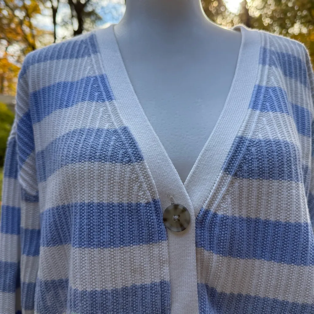 Talbots Sweater Cardigan - Raglan Sleeves Size L Large Baby Blue White Stripe - Image 2