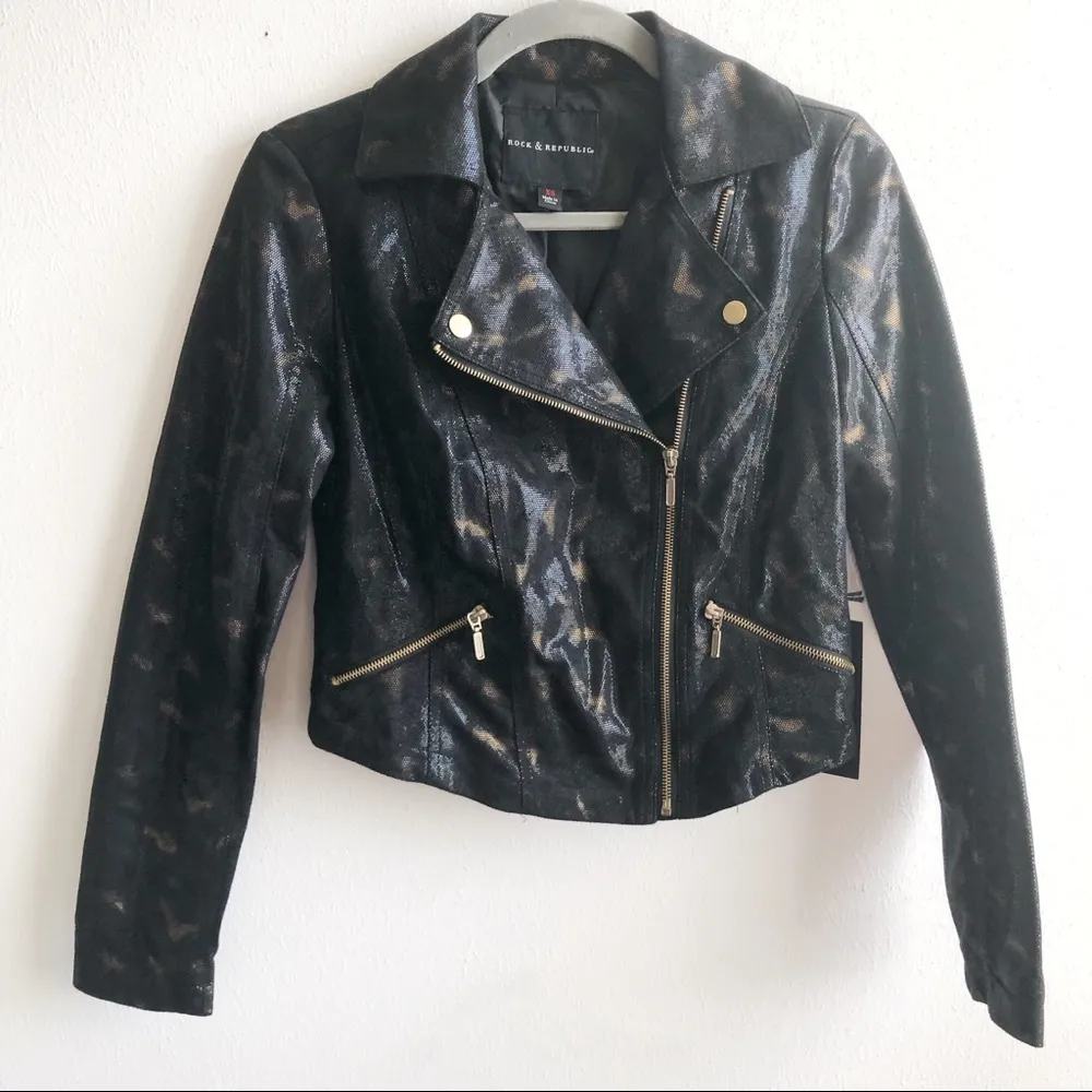 Rock & Republic Moto Jacket Baroque Deluxe Black Bronze/Gold Sz XS NWT Gift! - Image 2