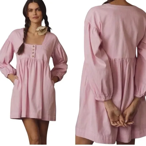 Anthropologie Long Sleeve Denim Babydoll Mini Dress Size Large NWT - Image 2