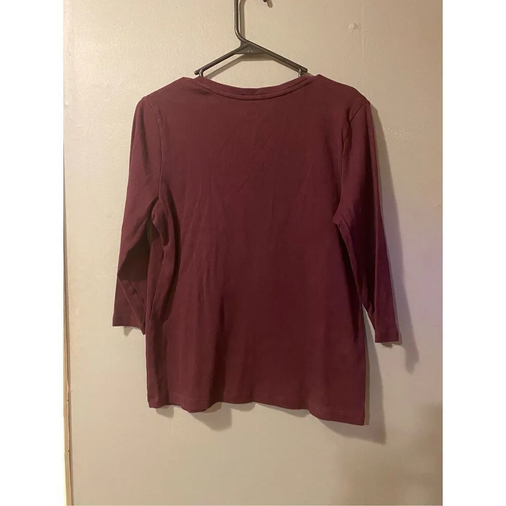 St John’s Bay Maroon 3/4th Sleeve V Neck Top Size Medium - Image 2
