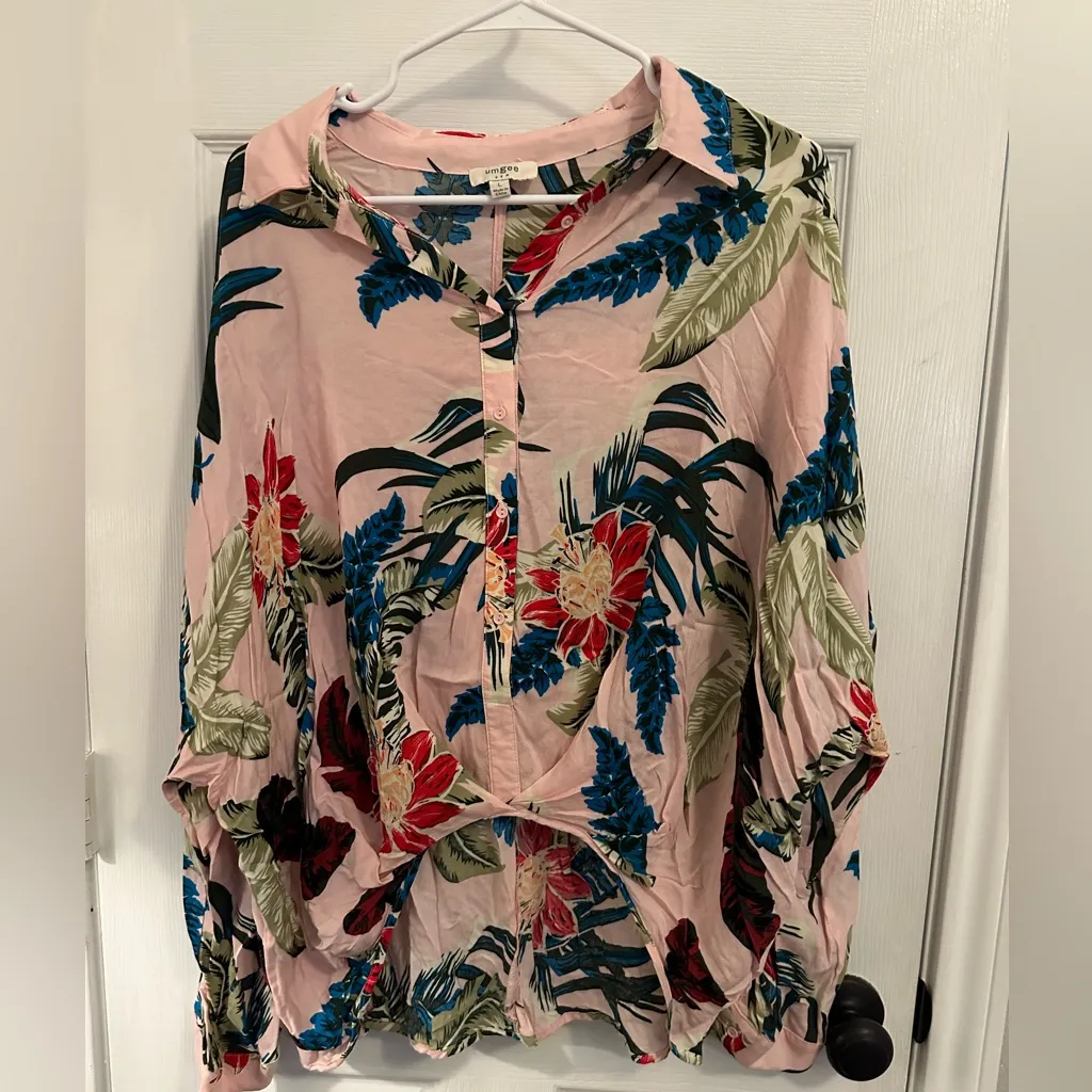 Tropical Floral Bat‎ Wing Collared Button Up Shirt Size Large - Image 3
