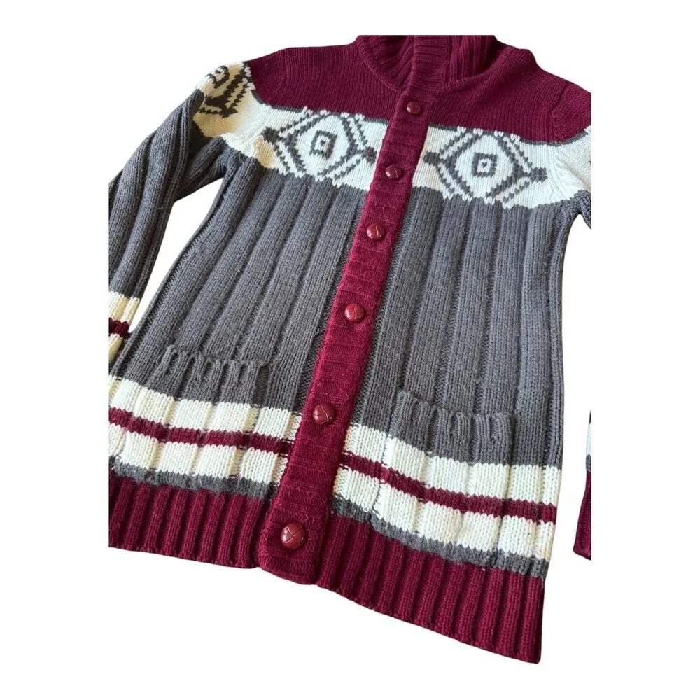 Vintage Retro Sigallo Knit Cardigan big collar, Gray, Maroon & Cream size medium Gray - Image 8