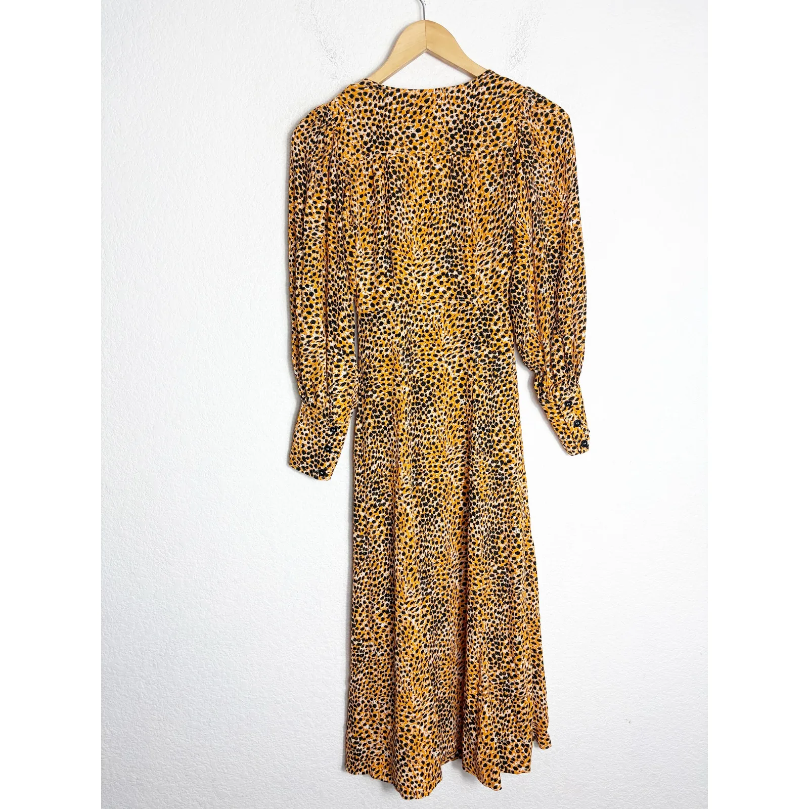 Ganni Leopard Print Plunge Midi Dress Crepe Yellow Animal Print Long Sleeve - Image 12