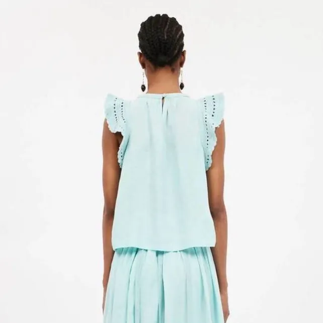 ULLA JOHNSON Kai Top Bryl Sky Blue Aqua Shirt Size 2 Cotton Crochet Flutter Slee - Image 14