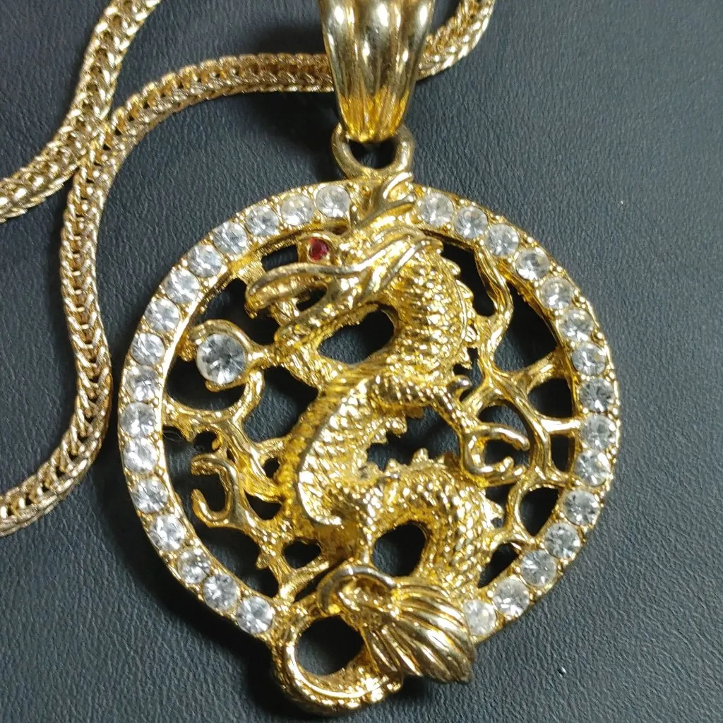 Gold Chinese Dragon Year Pendant Necklace Gold Tone Rhinestones 22 inch Chain - Image 5