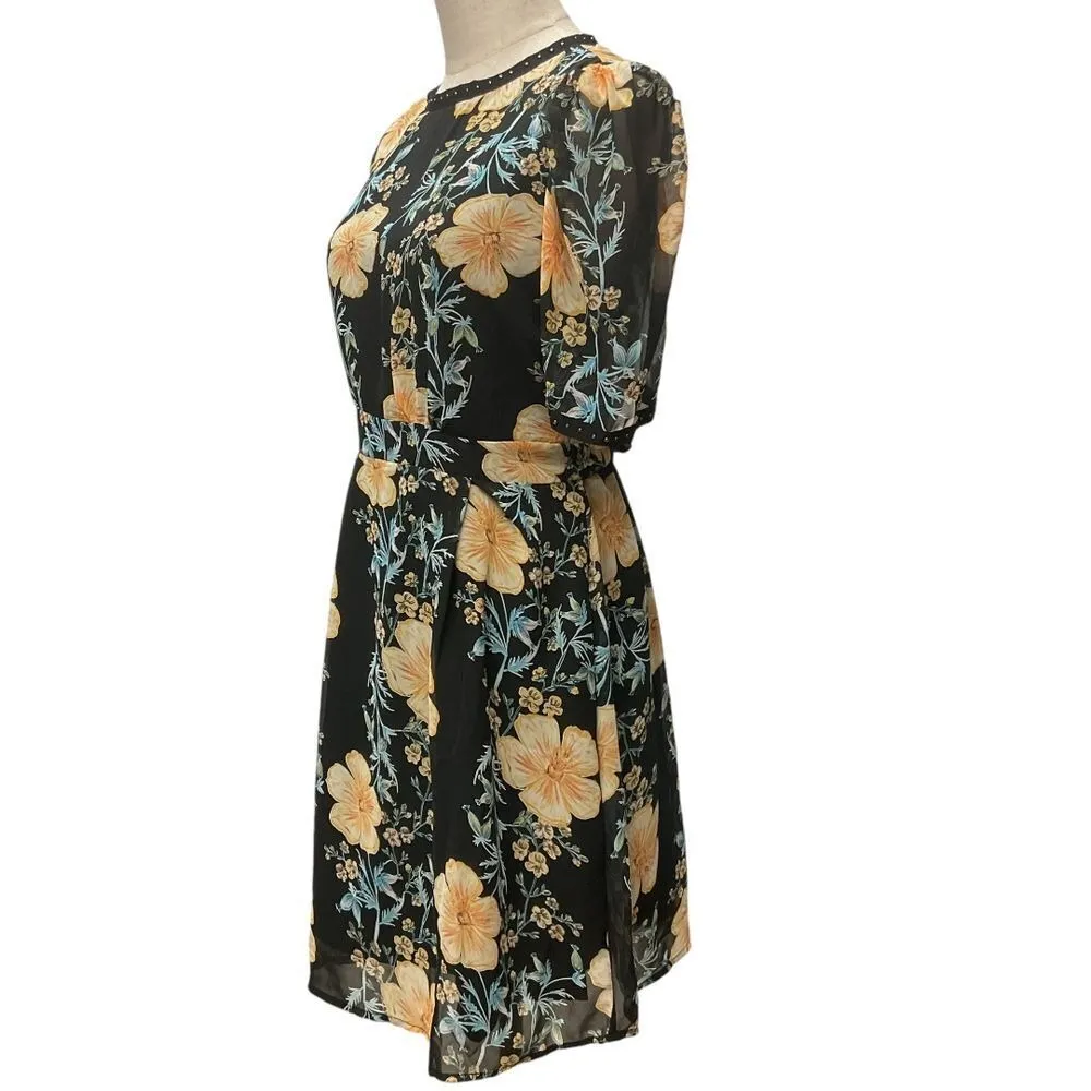 Hayden LA Women's Floral Print Midi Dress Black Yellow Short Sleeve Size L‎ NWT - Image 3