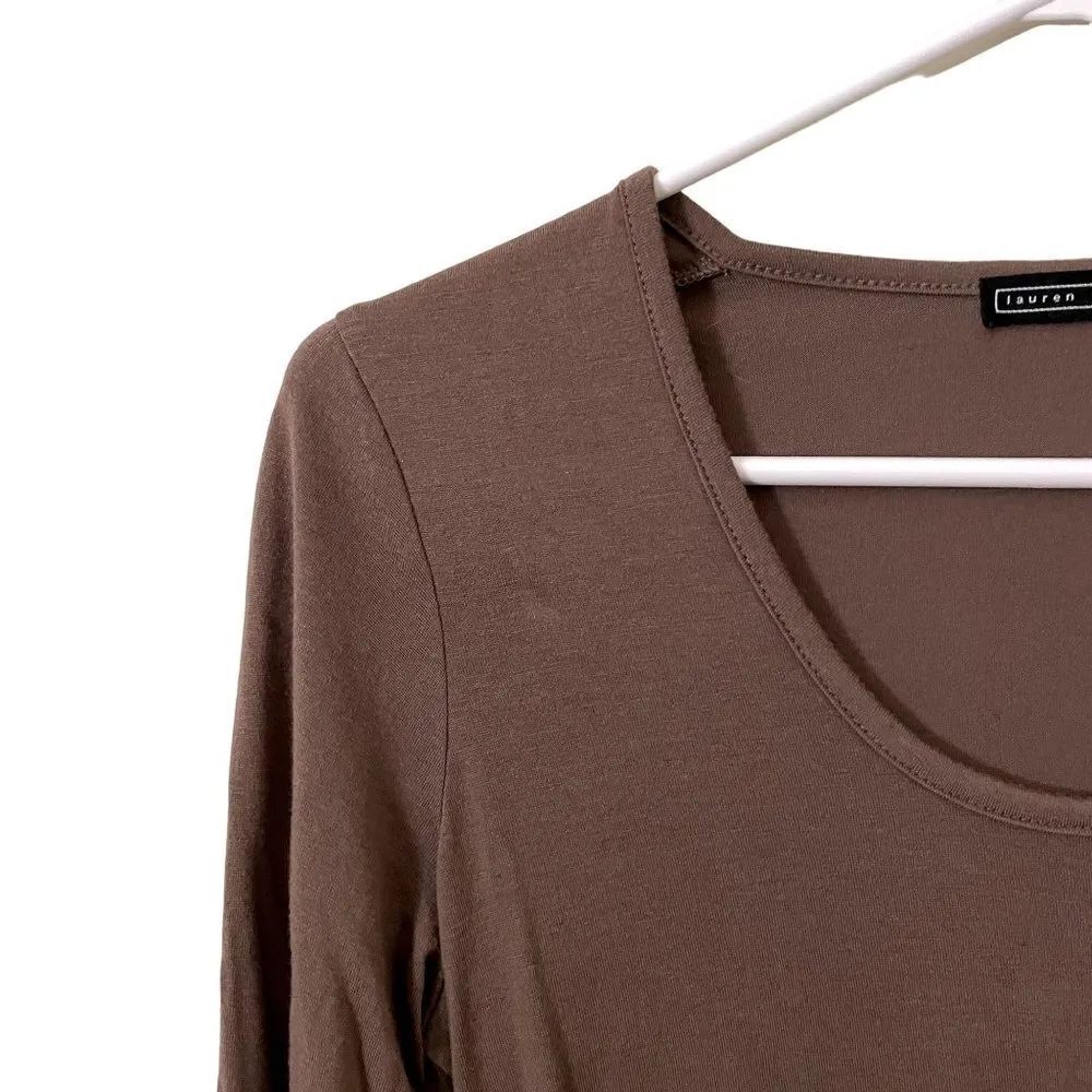 Lauren Hansen tan neutral long sleeved basic casual top bow tie detail scoop - Image 2