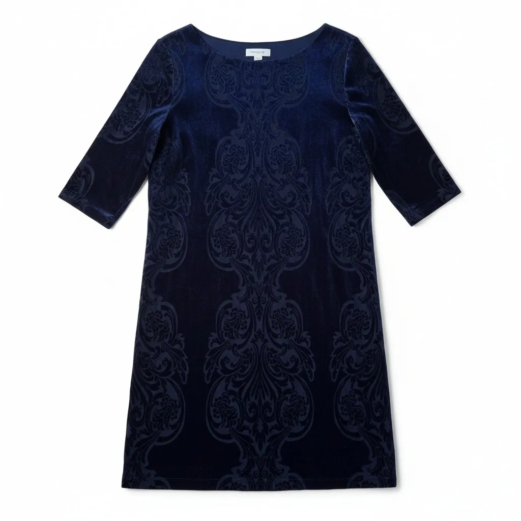 Coldwater Creek Navy Blue Velvet Burnout Damask Print 3/4 Sleeve Dress Size 2X - Image 1