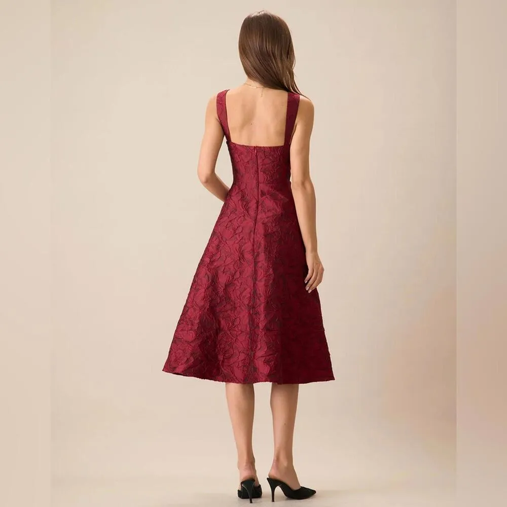 RIHOAS The Red Sweetheart Neck Jacquard Midi Dress L Size L - Image 2