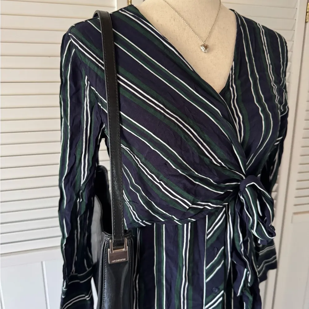 Zara Blue Green Striped Front Tie Button Up Long Sleeve Dress - Image 3