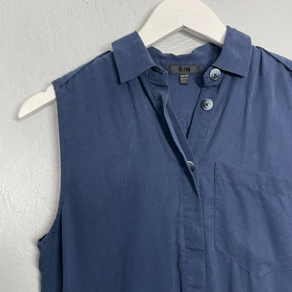 ATM Anthony Thomas Melillo Women XS Navy Blue Romper Shorts Sleeveless Collared - Image 4