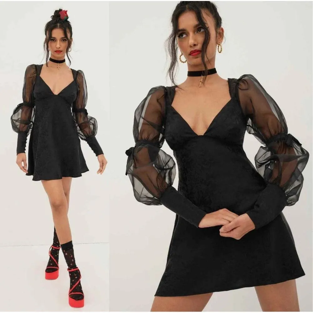 For Love And Lemons Dress XS Black Whimsygoth Organza Puff Sleeve Vampire Chic - Image 2
