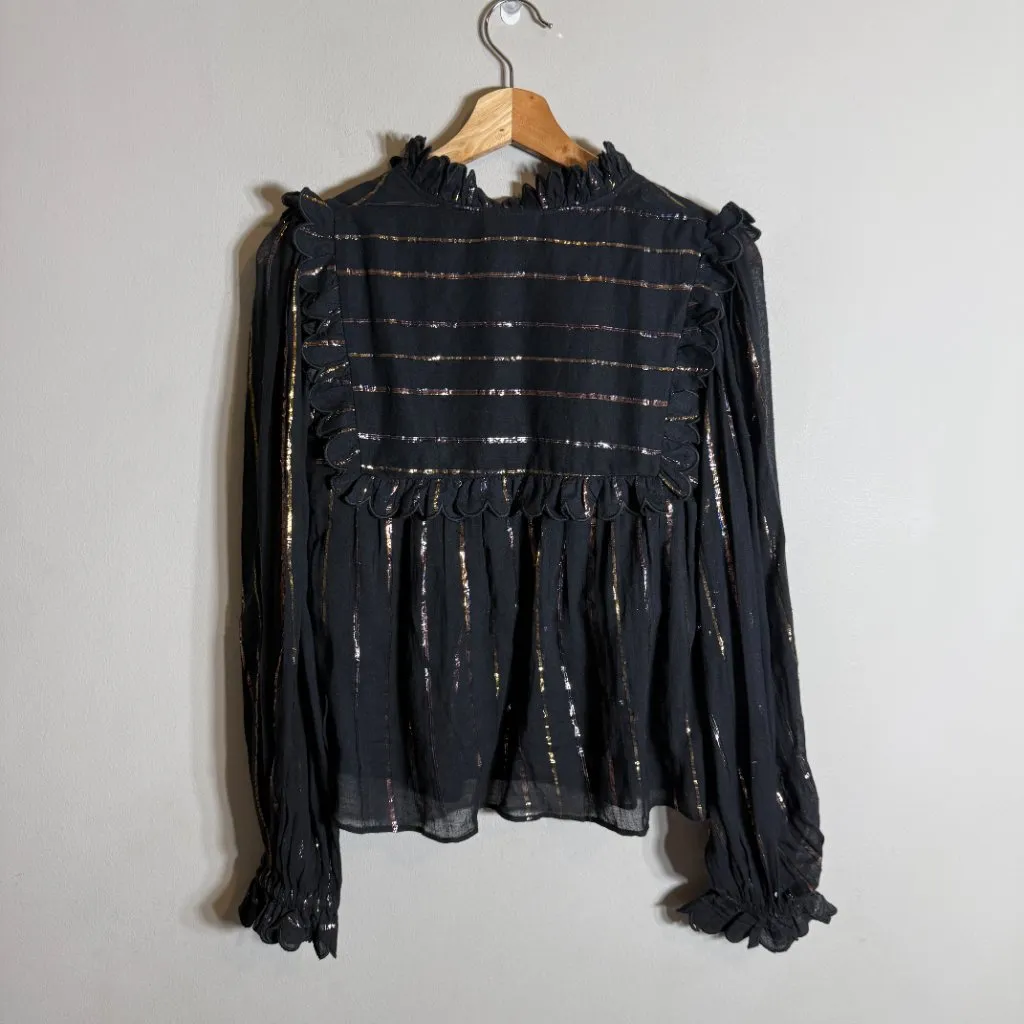 Farm Rio Metallic Stripe Ruffle Shirt Blouse Women's Small Black Top Boho NWOT - Image 6