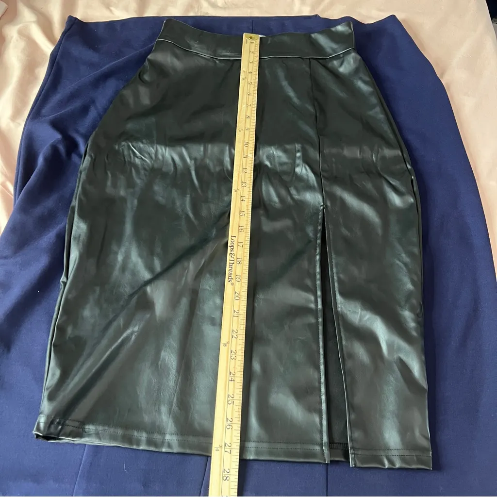 Shein Elegant Black Faux Leather‎ High Rise Front Skit Women's Midi Pencil Skirt - Image 12