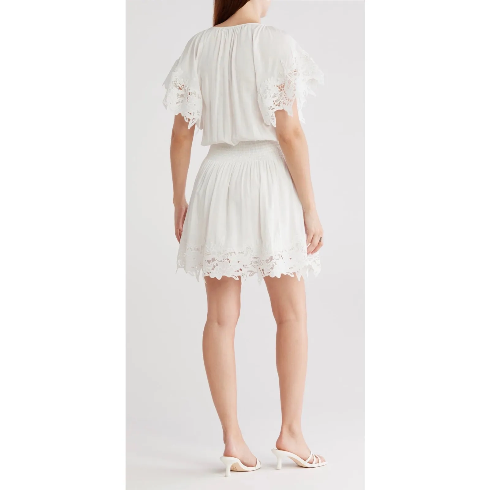 Ramy Brook Mini Dress Jacy Linen Blend Embroidered Lace Trim Smocked Waist - Image 11