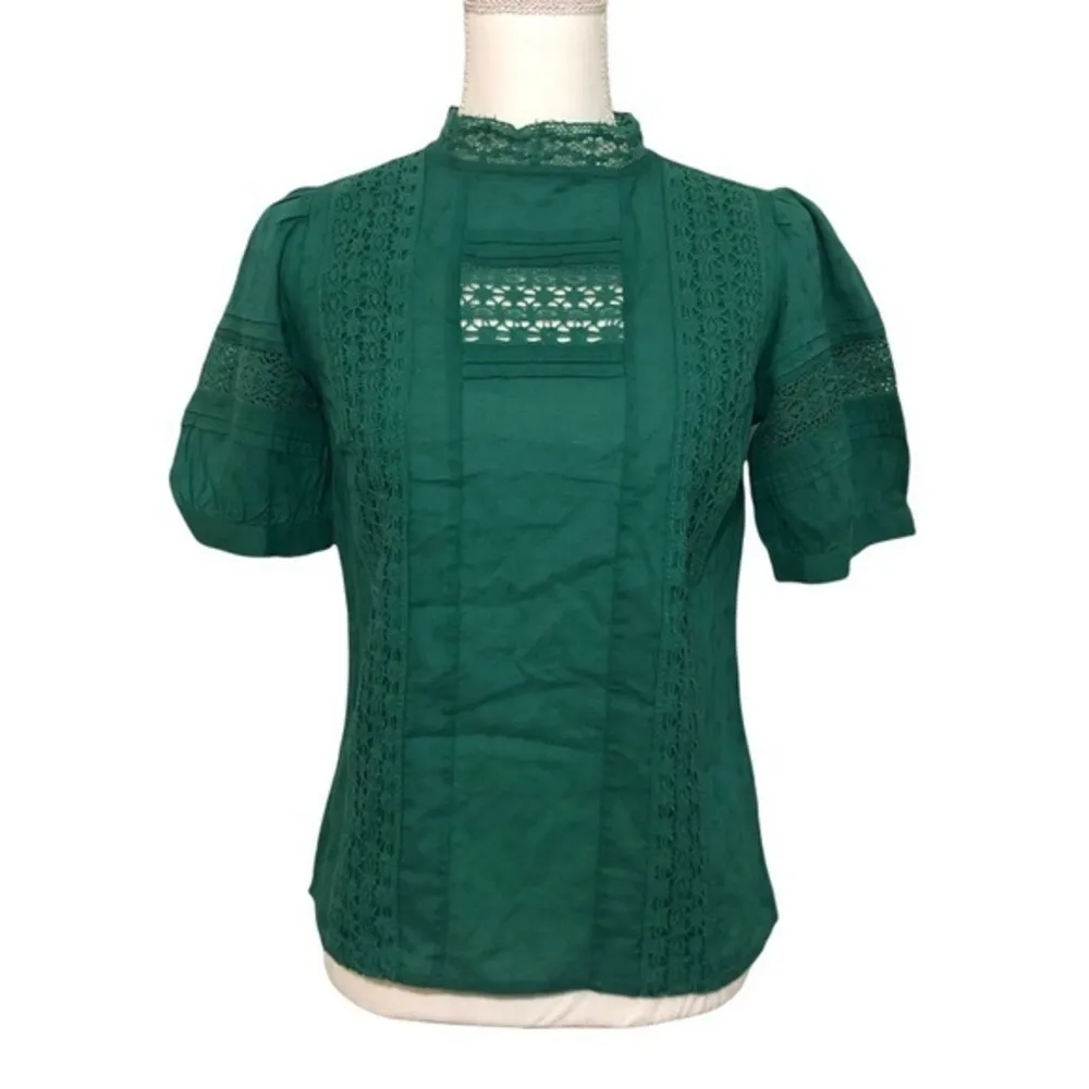 NWOT Teal Green Crochet Trim High Neck Peasant Top Blouse Puff Sleeve New - Image 3