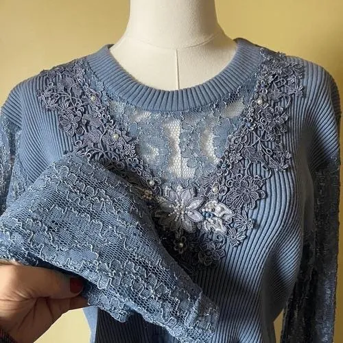 Vintage Blue‎ Lace Maxi Dress Boho Prairie Long Sleeve Made in USA Size S/M Blue Size M - Image 11