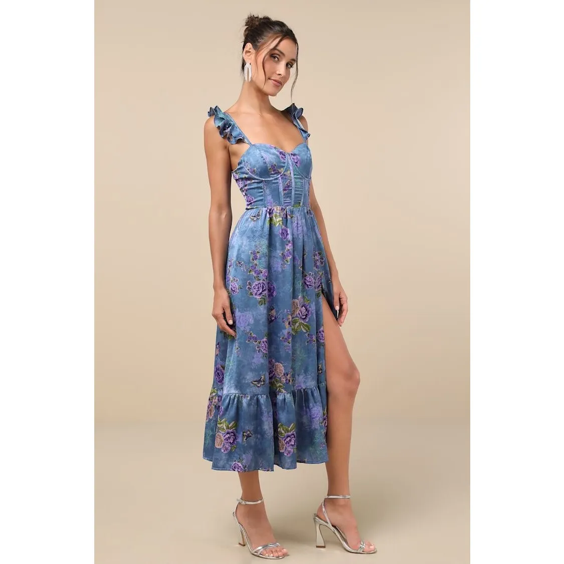 NWT Lulus Sweet Like Sangria Blue Floral Ruffled Bustier Midi Dress Resort Sz XS - Image 4