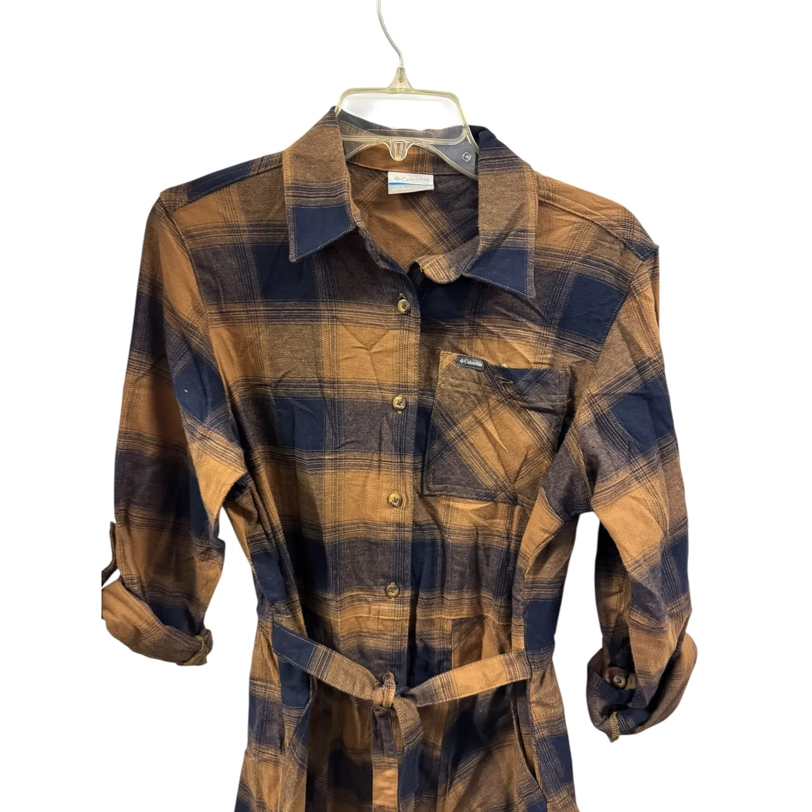 Columbia Women's Plaid Flannel Shirt Dress Belted Button Down Long Sleeve - Image 4