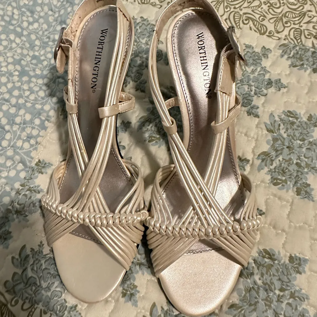 Worthington Women's Vintage Y2K Pearl White Strappy Kitten Heels - Image 2