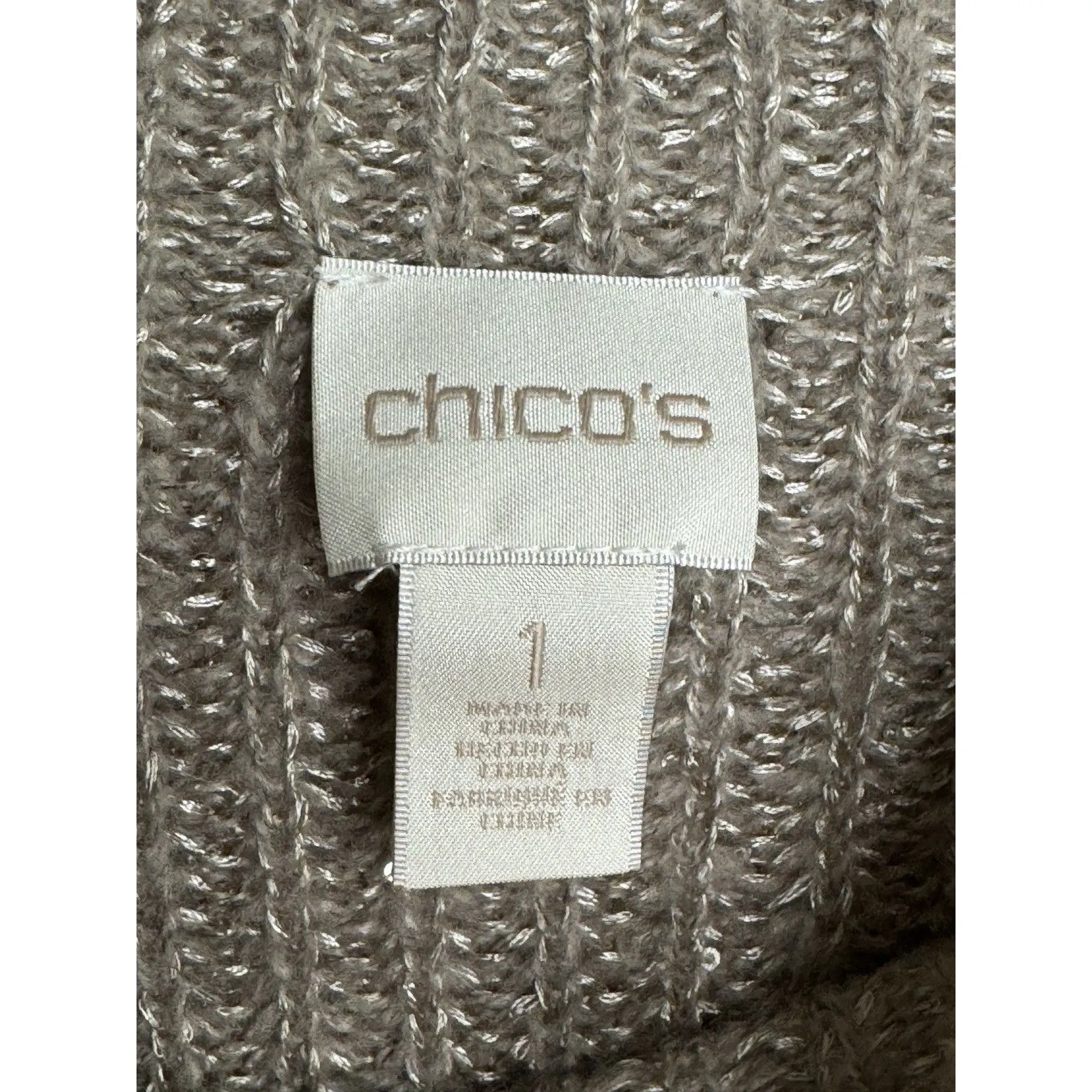 Chico’s Tonal Shine Sweater Size 1 Medium Taupe Tan Metallic Sequins Pullover - Image 3