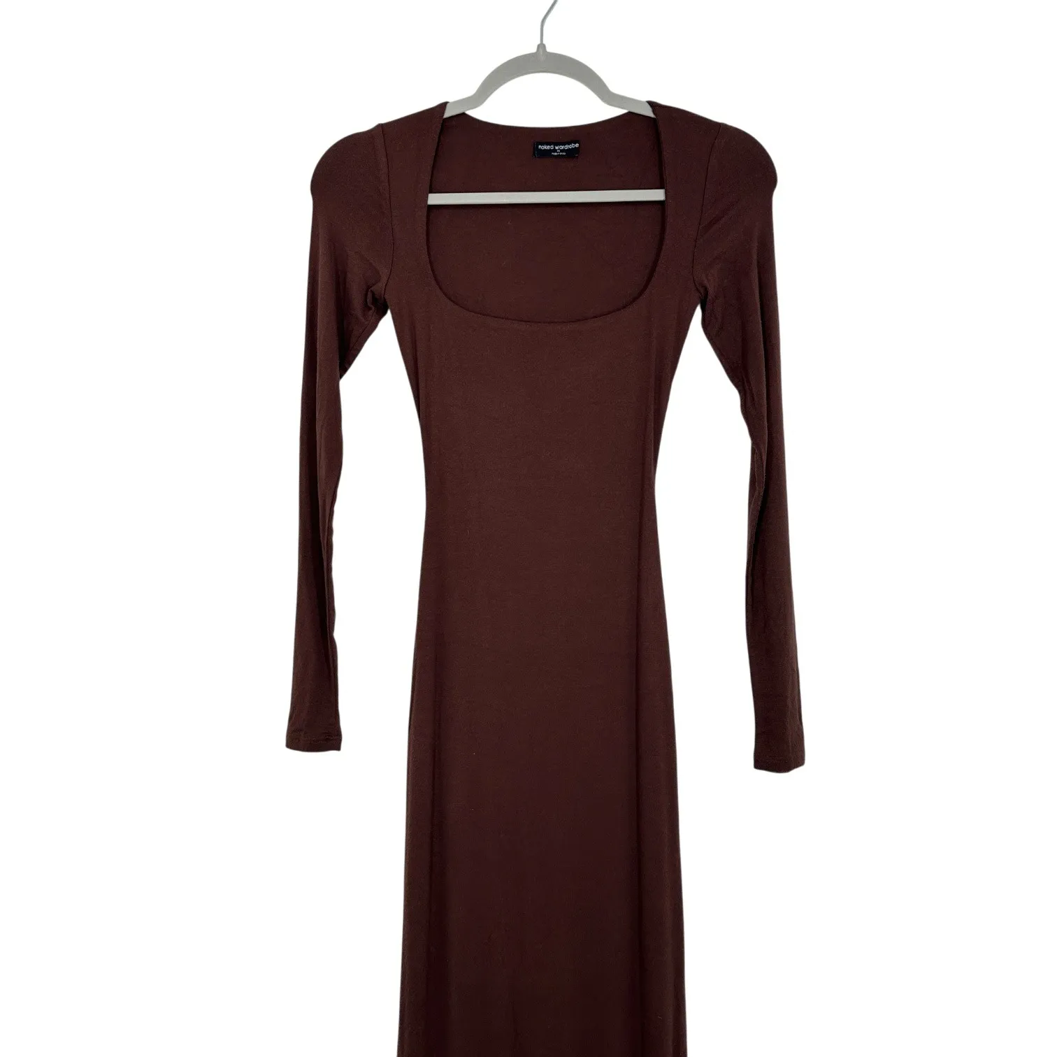 Naked Wardrobe Square Neck Sculpt Maxi Dress Long Sleeve Mocha Chocolate Brown - Image 2