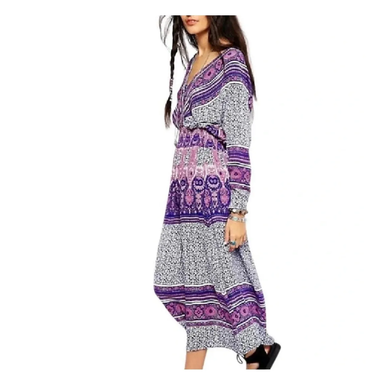 Free People She's a Lady Reversible Midi Dress XS Purple Tribal Mix Print Boho - Image 9