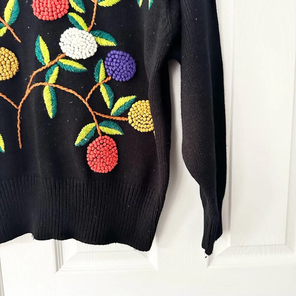 Mi Ki by Majestic Vintage Black Mock Neck Crewel Fruit Leaves Acrylic Sweater M Size M - Image 5