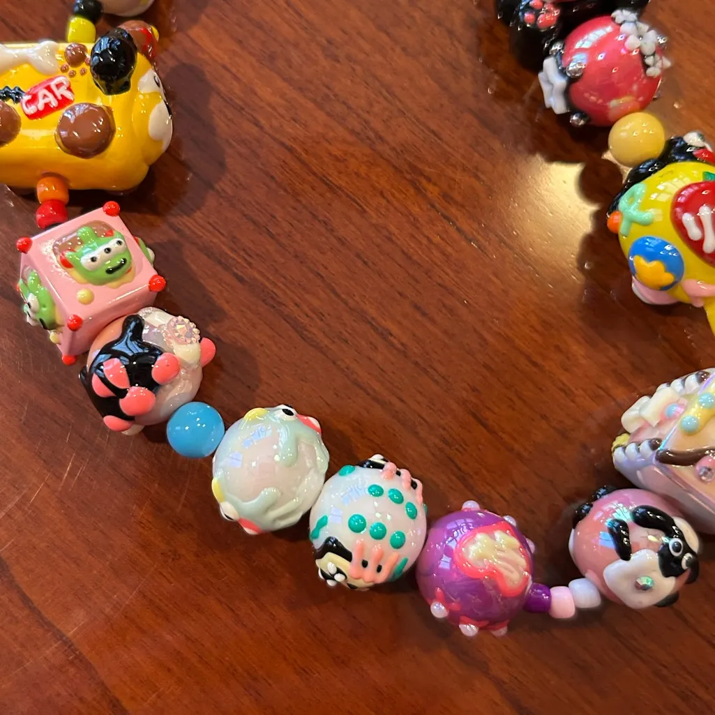 Handmade Painted Colorful Beaded Cartoon Keyring Keychain Pink - Image 3