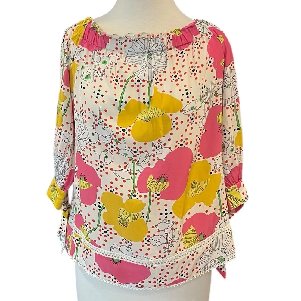 Trina Turk 100% Silk Off The Shoulder Floral 3/4 Length Sleeve Blouse Small - Image 4