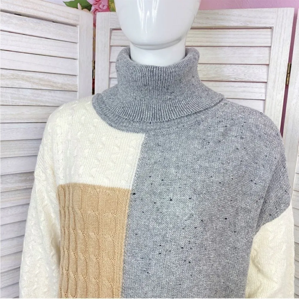 Versona Multi Pattern Color Block Turtleneck Sweater Gray Tan Large - Image 5