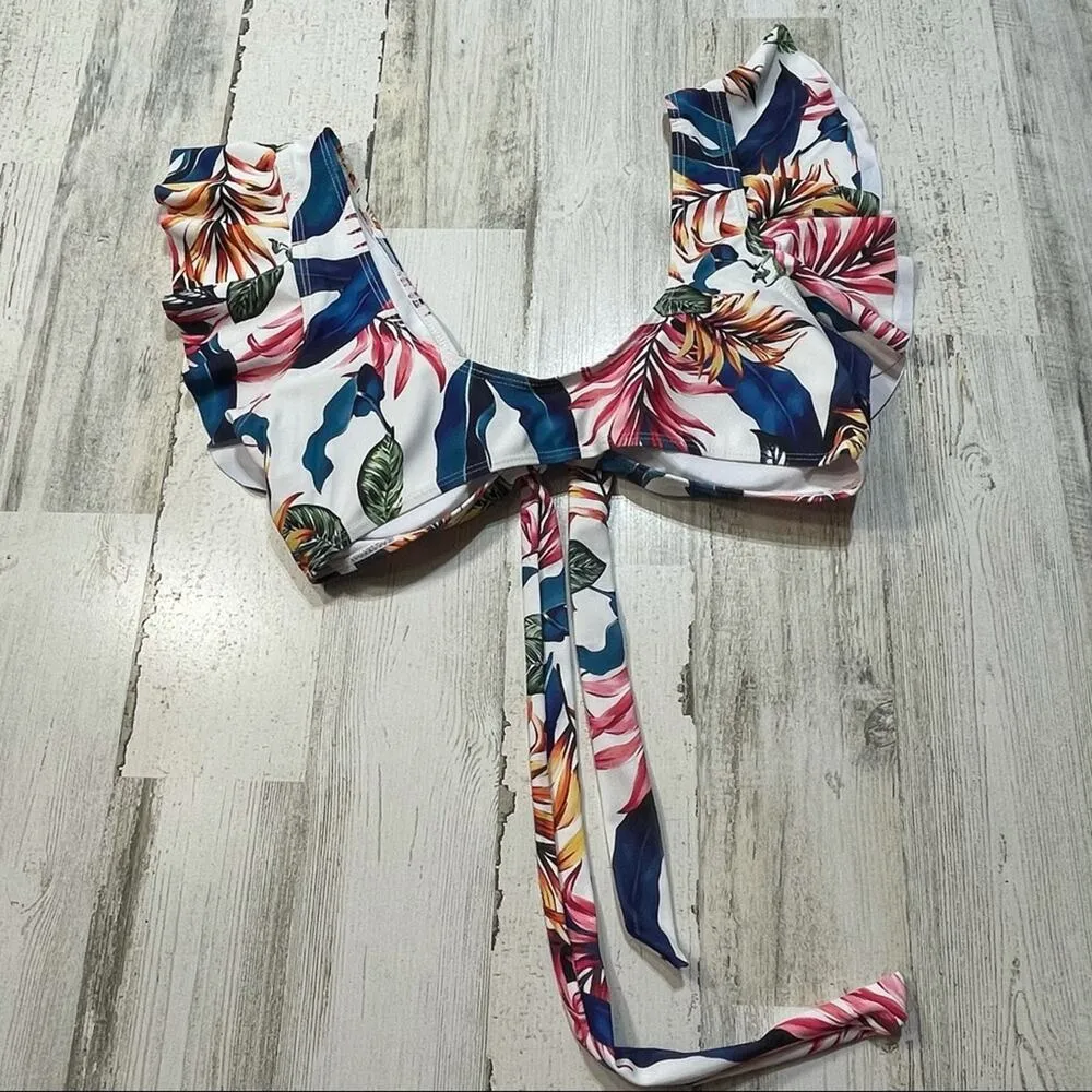 Ruffled Floral Bikini Top Swimwear V-Neck Padded Cups - Image 5