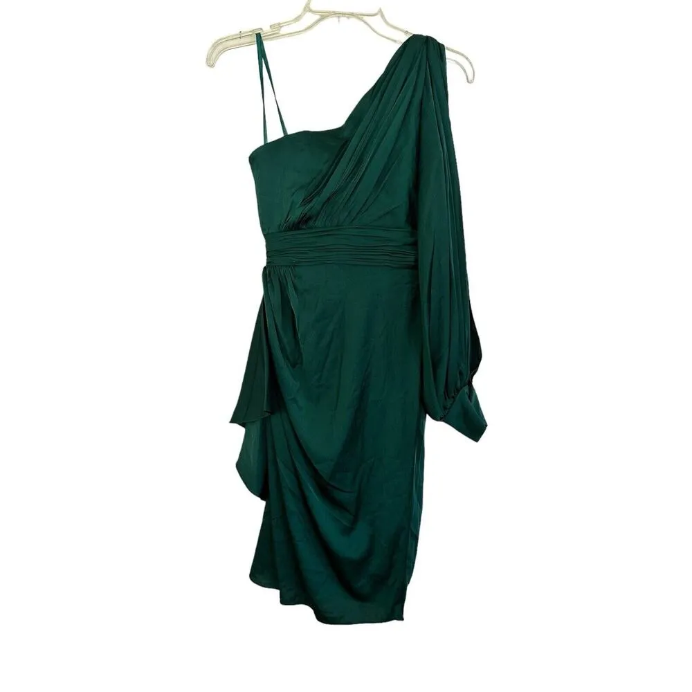 Mac Duggal SATIN ONE SLEEVED COCKTAIL DRESS NWOT SIZE 4 Emerald Green - Image 5