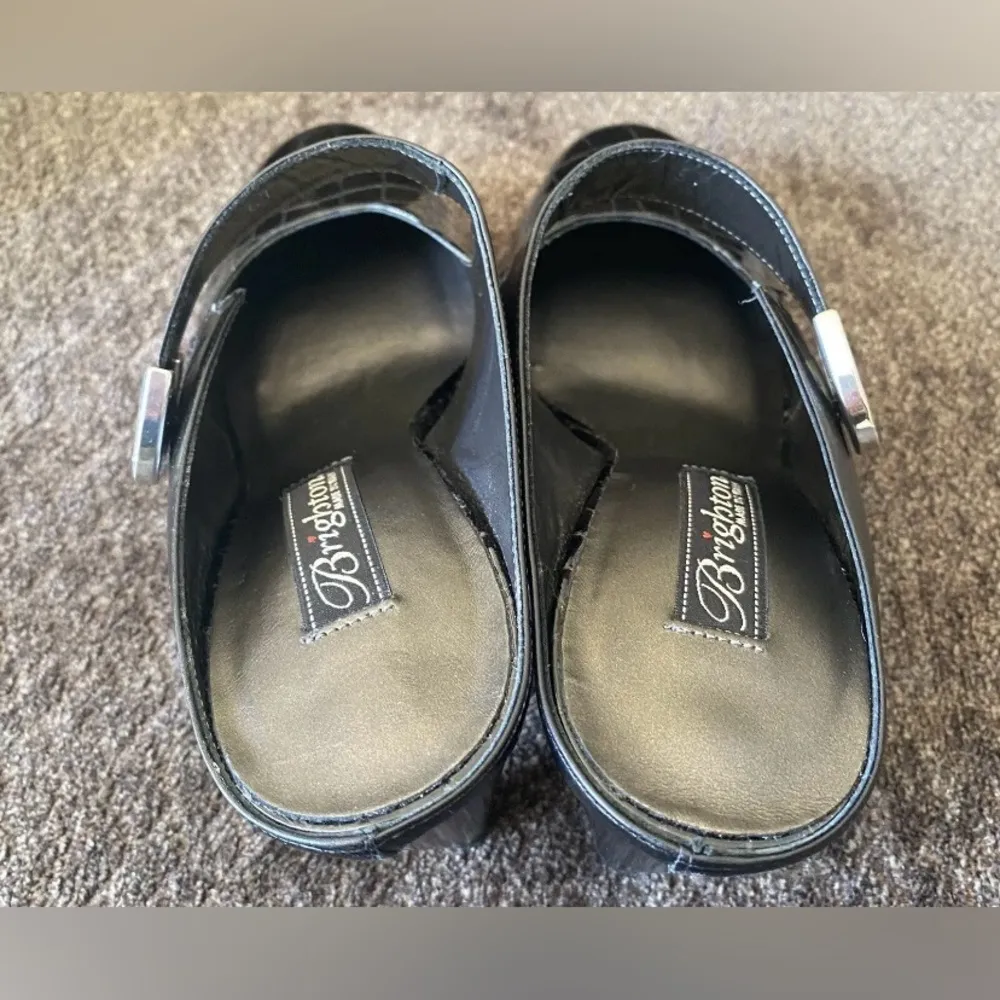 Brighton BEAU Black Patent Leather Croc Mules High Heels Size 8M  -MSRP $235.00! - Image 4