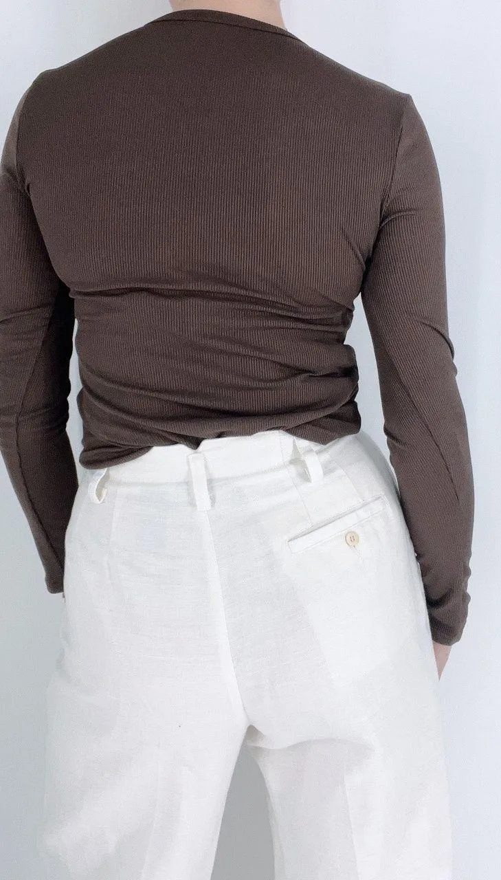 NWOT  Ribbed Brown Longsleeve V-Neck Top Size Small - Image 2