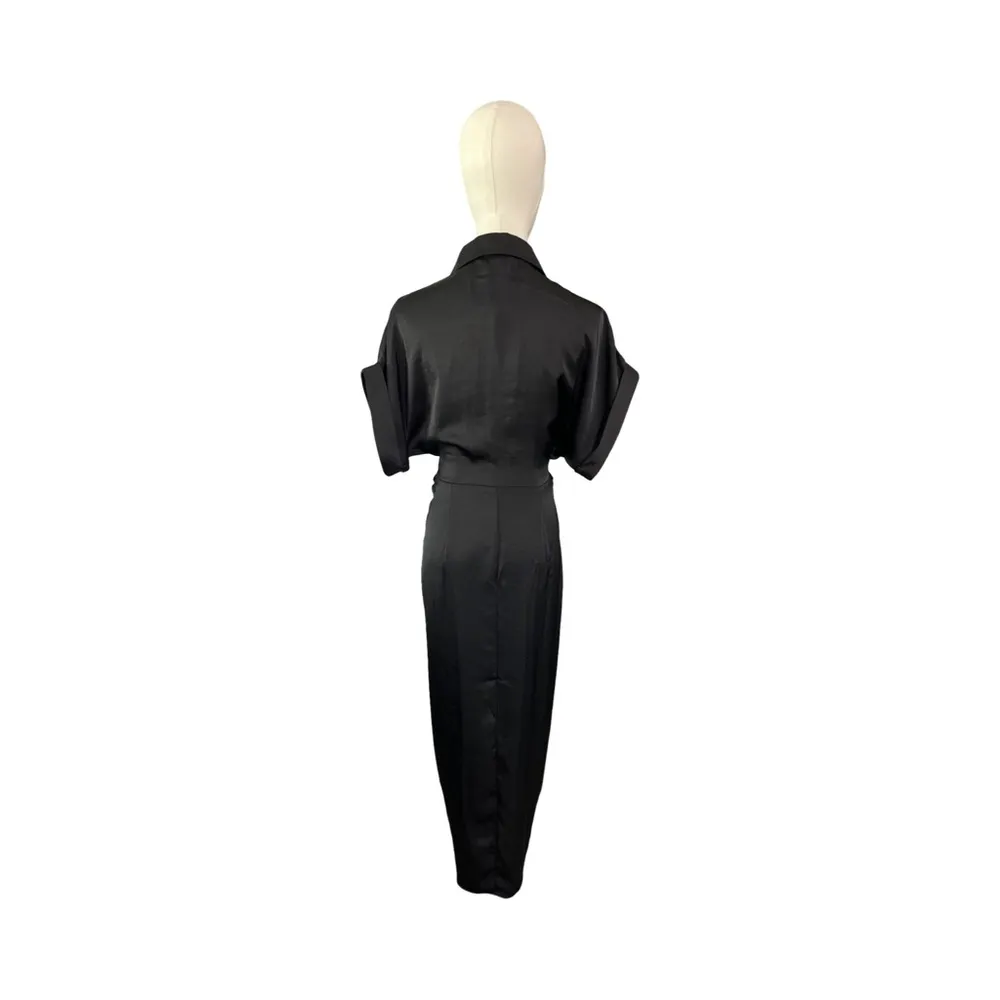 NWT Steve Madden Black Satin Belted Button Down Midi Dress Women’s Size 4 - Image 4