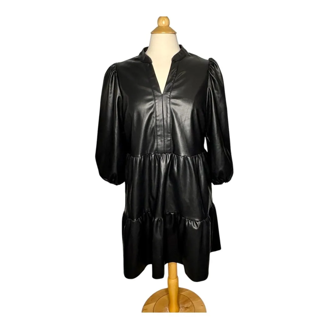 Crown & Ivy Vegan Leather Tiered Mini Dress 3/4 Puff Sleeve Black‎ Size Large - Image 5