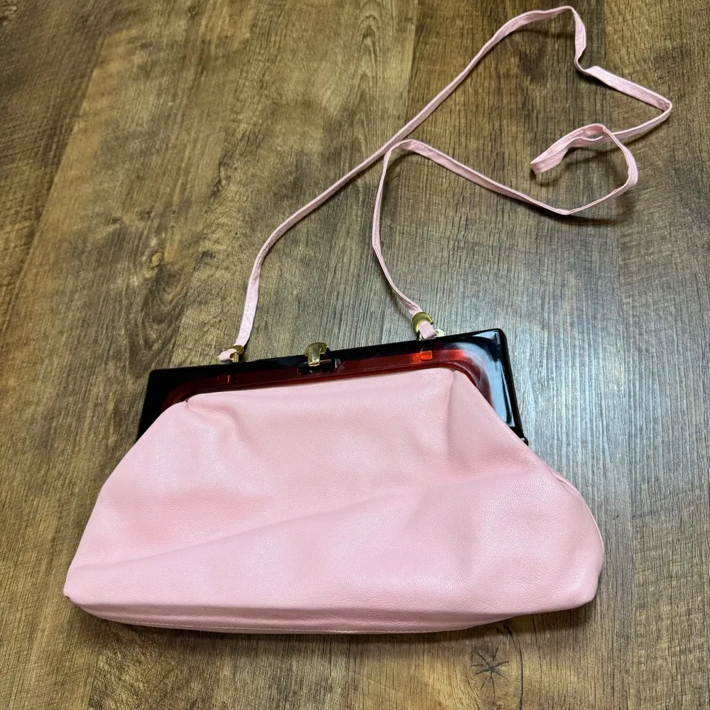 Vtg 60s/70s Italian Leather Convertible Clutch Crossbody Lucite Pink - Image 10